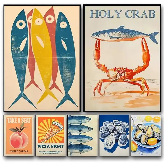 Affiche de poisson de homard de sardine colorée abstraite