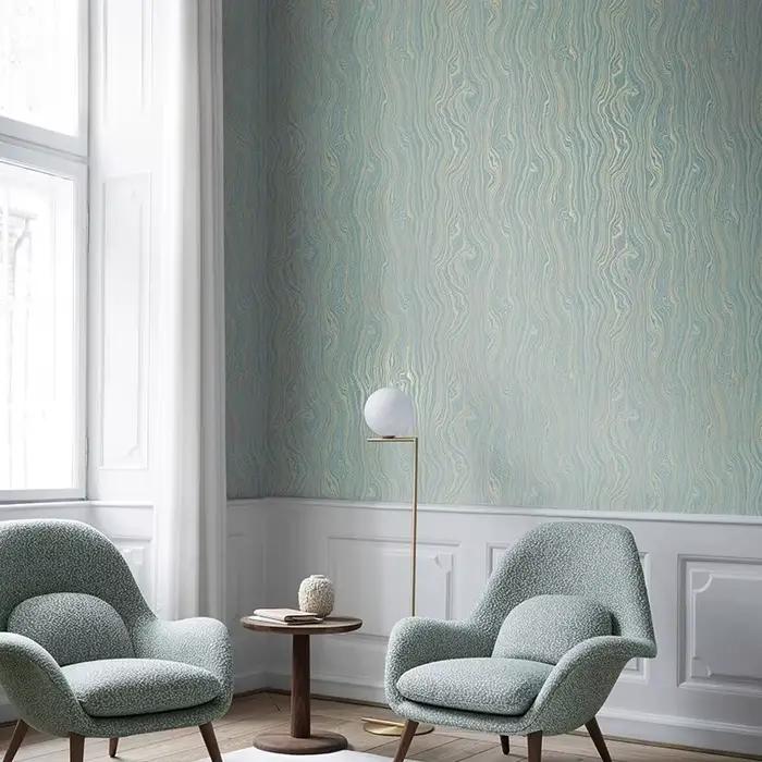 Papier peint nordique vert clair doré avec ondulation de l'eau