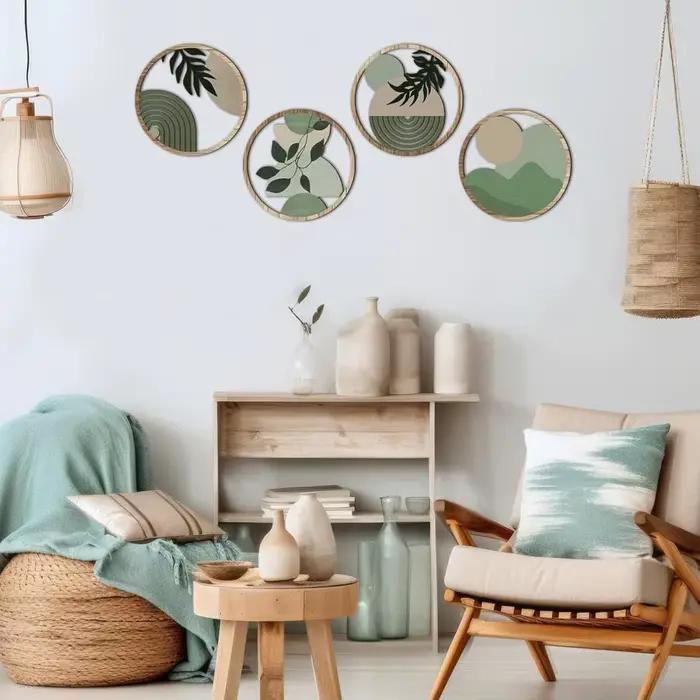 4 Pièces Décoration Murale Ronde en Bois Style Bohème