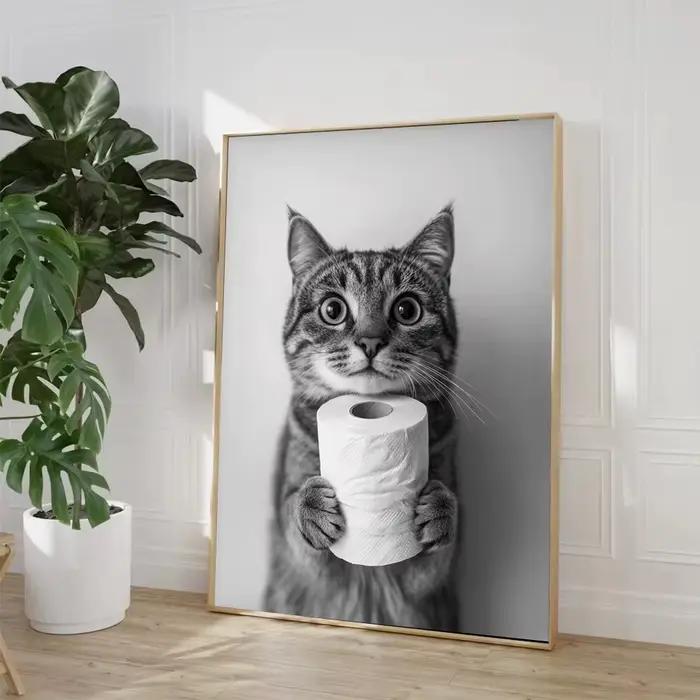 Highland vache loutre chat raton laveur avec papier toilette affiche impression toile peinture salle de bain mur Art
