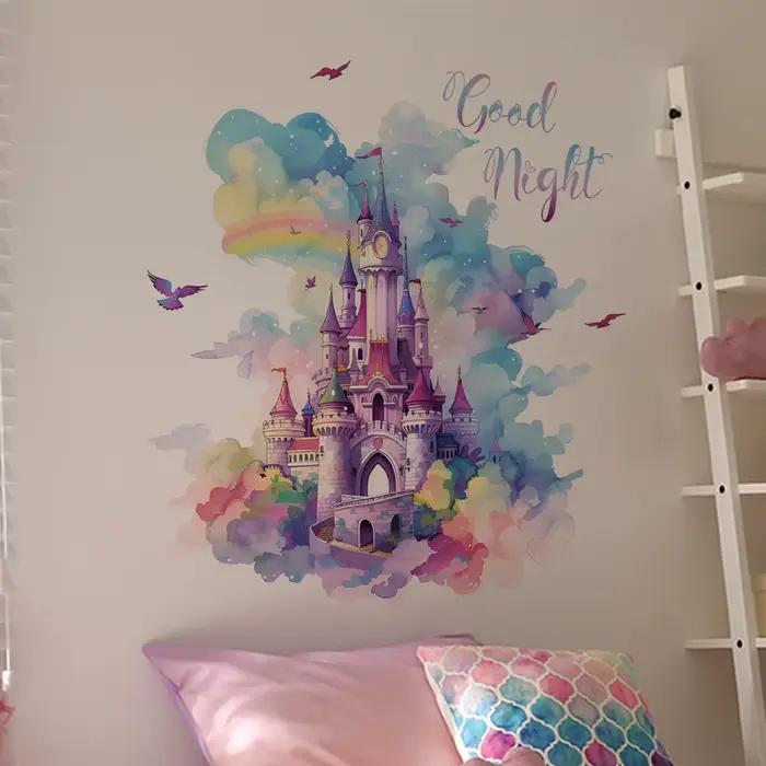 Autocollant mural en vinyle château arc-en-ciel pour enfant