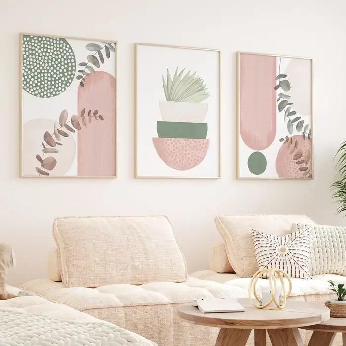 Lot de 3 tableaux muraux bohèmes modernes rose et vert – Décoration murale minimaliste pour salon – Peinture sur toile