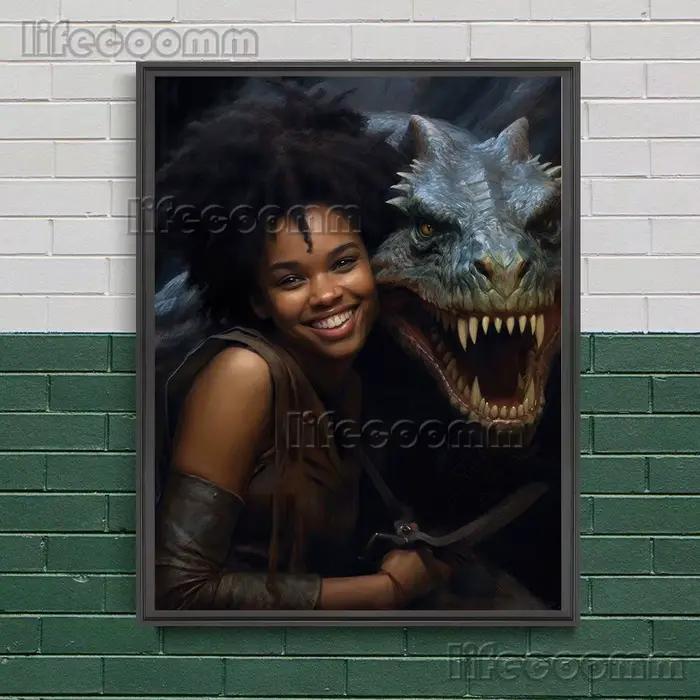 Guerrier féminin chevauchant un Dragon et femme, peinture de démons, toile d'art mural pour dames et monstres, affiche d'art et décor imprimé