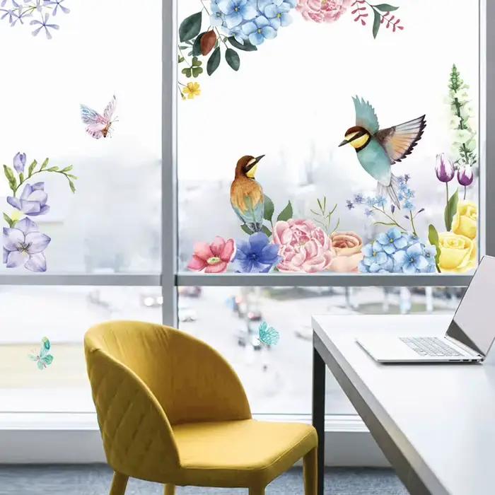 Peinture à l'encre fleurs oiseaux autocollant mural salon fond décoration intérieure papier peint pour verre fenêtres décor maison décalcomanies