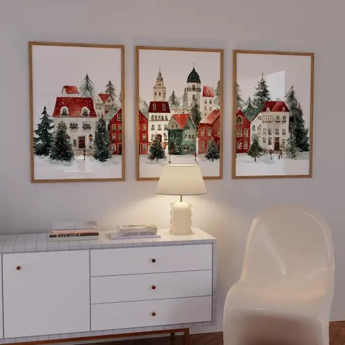 Ensemble d'imprimés de Village de noël, 3 peintures de ville d'hiver enneigées, affiche imprimée pour salon, décoration de père noël