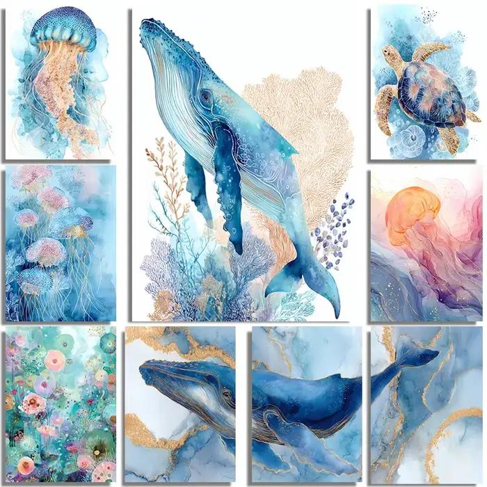 Triptyque mural Baleine Homard Méduse, Impressions aquarelle, Art marin, Décoration de chambre d'enfant, Vie marine côtière méditerranéenne abstraite