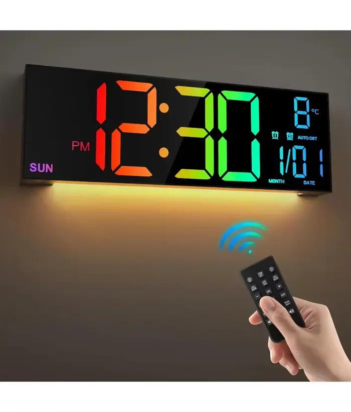 Grande horloge murale numérique 16.2 pouces, avec télécommande, grand LED/double alarme/8 couleurs rvb, réveil numérique, montre électronique