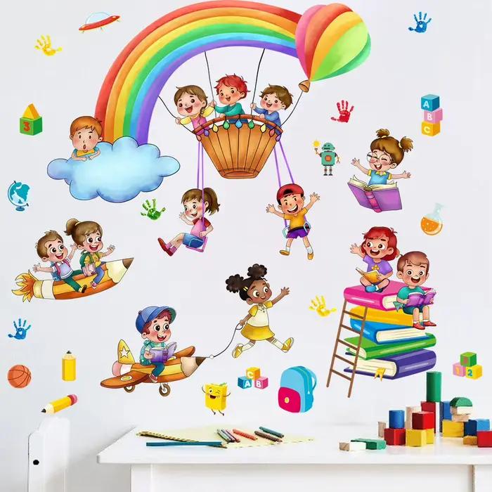 Dessin animé enfants jouent jeu arc-en-ciel autocollant mural auto-adhésif école salle de classe