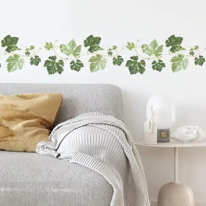 Autocollants muraux de plinthe motif feuille de vigne verte pour chambre et salon