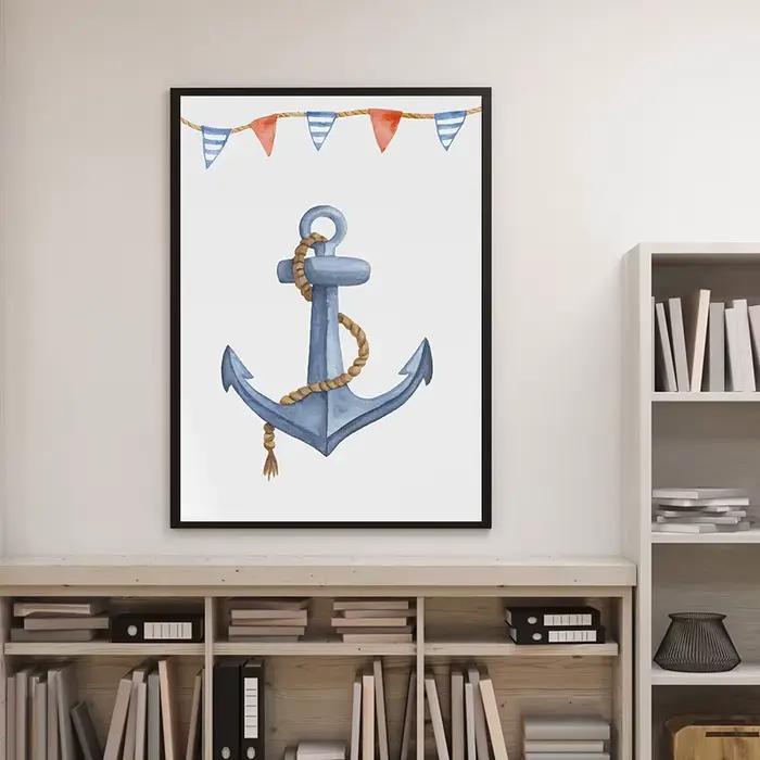 Aquarelle pépinière océan nautique bateau ancre phare affiche imprime
