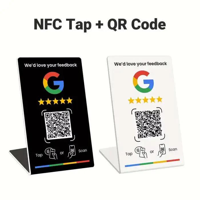 Support de code QR personnalisé pour avis Google, affichage de menu en acrylique, plaque pour réseaux sociaux Facebook, touchez ou scannez pour laisser un avis (NFC+QR)