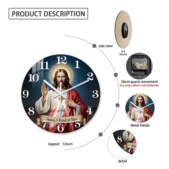 Horloge murale en bois bleu profond avec motif du Sacré-Cœur de Jésus