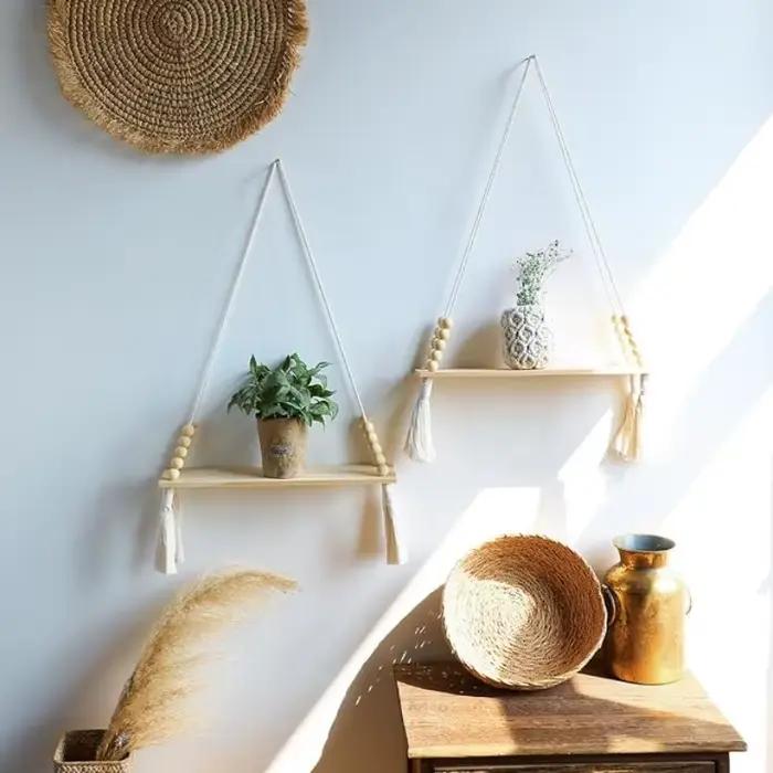 Étagères murales flottantes en macramé en bois