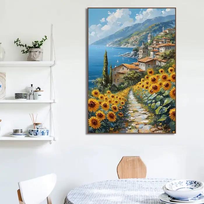 Village méditerranéen bateau côtier bord de mer paysage Floral champ chalet affiche toile peinture impression salon décor à la maison