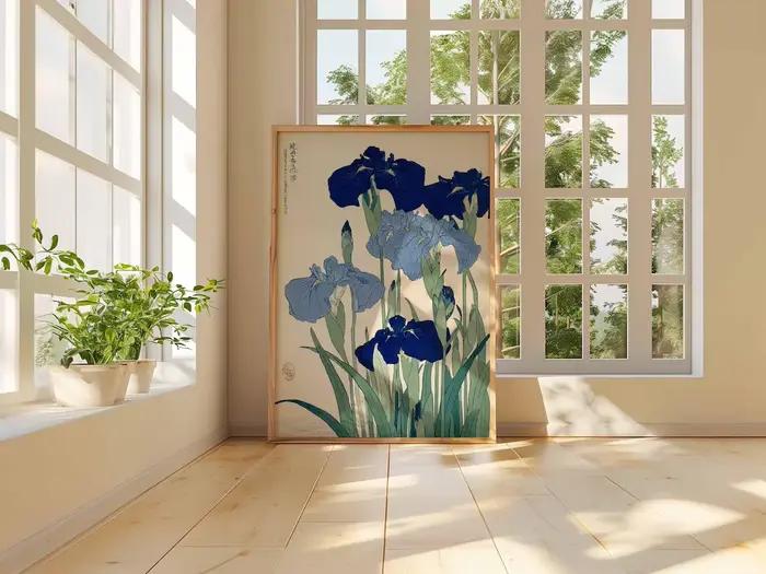 Art mural élégant Ukiyo-E à l'iris bleu - Pour les passionnés de nature ou tout ceux qui aiment une décoration intemporelle et discrète
