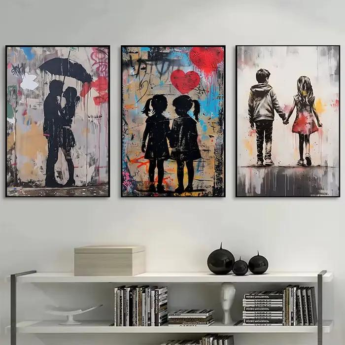 Pop Street Graffiti Art mural Banksy garçon fille avec ballon sur toile affiches et imprimés peinture pour salon décor à la maison cadeaux