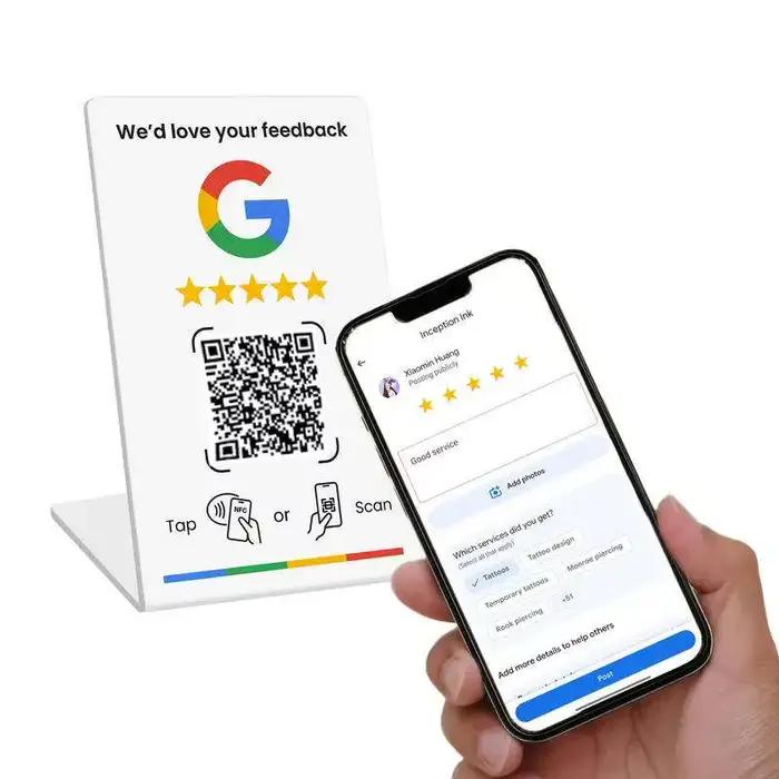 Support de code QR personnalisé pour avis Google, affichage de menu en acrylique, plaque pour réseaux sociaux Facebook, touchez ou scannez pour laisser un avis (NFC+QR)