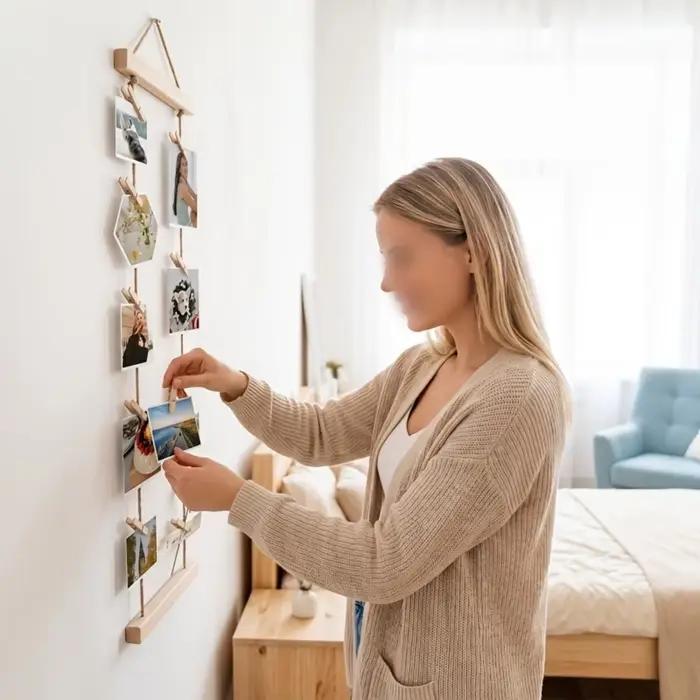 Photos en bois suspendues au mur avec pinces à corde
