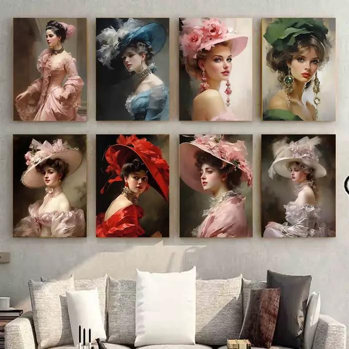 Affiche de portrait de femme élégante vintage avec grand chapeau