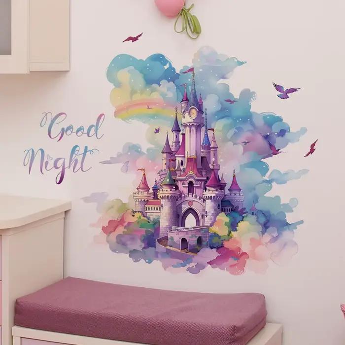 Autocollant mural en vinyle château arc-en-ciel pour enfant