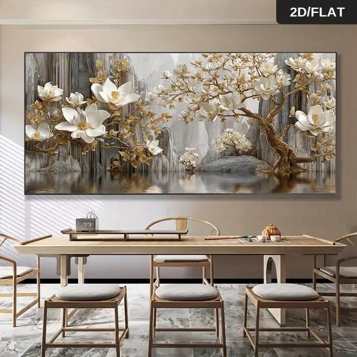 Peinture sur toile florale dorée abstraite moderne sans cadre, paysage Floral blanc et doré, décoration de salon Simple, Plat 2D