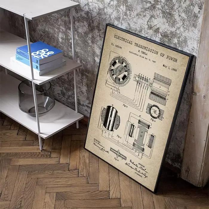 Affiches de brevet électrique Tesla Vintage, imprimés sur toile, peinture murale, image d'art pour bureau, décoration de maison, cadeau d'ingénieur électrique