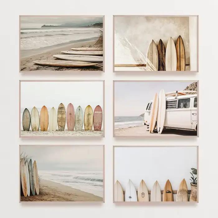 Affiche Murale Rétro Nostalgique Plage Planche de Surf Côte Océan Minimaliste