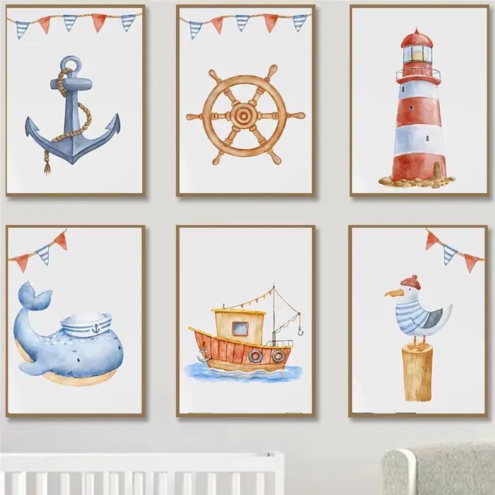 Aquarelle pépinière océan nautique bateau ancre phare affiche imprime