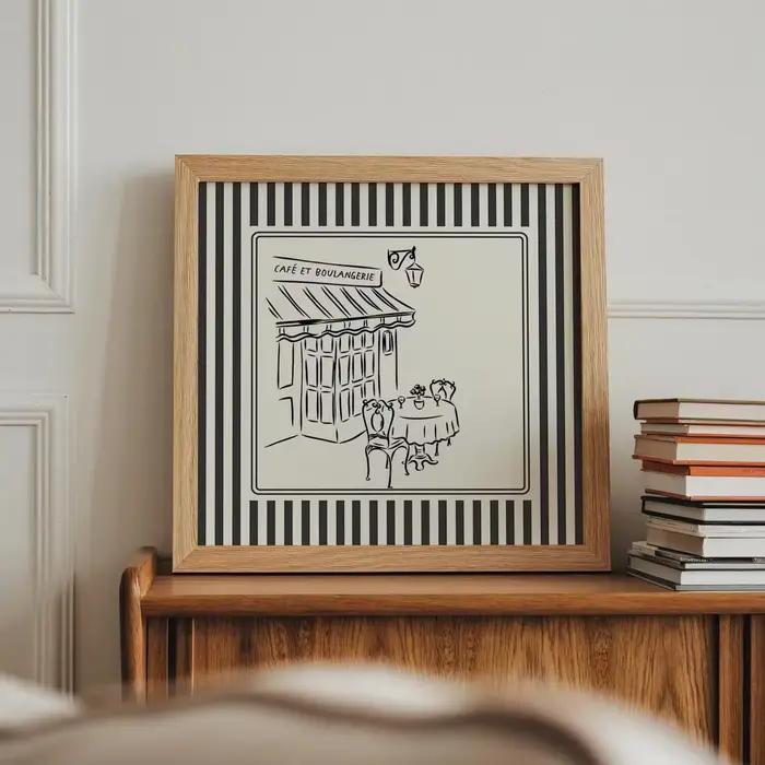 Impression de café français à rayures noires et blanches, illustration minimaliste, téléchargements numériques, impression artistique, idée cadeau, esthétique