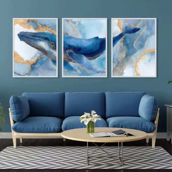 Triptyque mural Baleine Homard Méduse – Impressions aquarelle – Décoration abstraite vie marine océanique, nautique, méditerranéenne pour chambre d'enfant