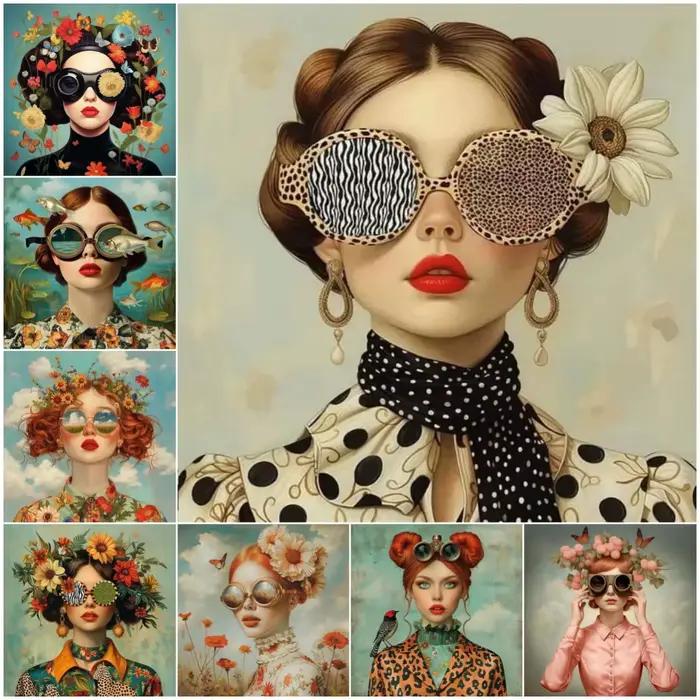 Lunettes femme avec fleurs nordique Boho mur Art toile peinture papillon avec fille Portrait affiche pour salon décor à la maison