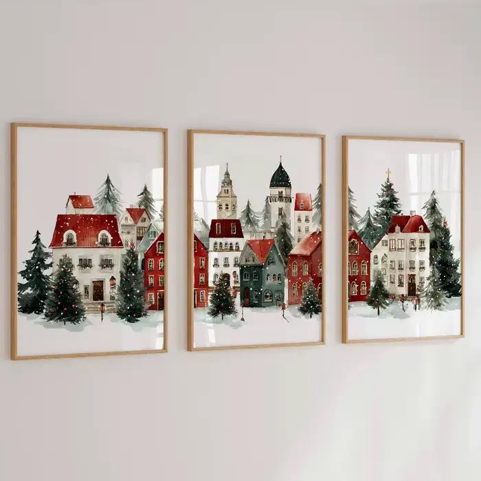 Ensemble d'imprimés de Village de noël, 3 peintures de ville d'hiver enneigées, affiche imprimée pour salon, décoration de père noël