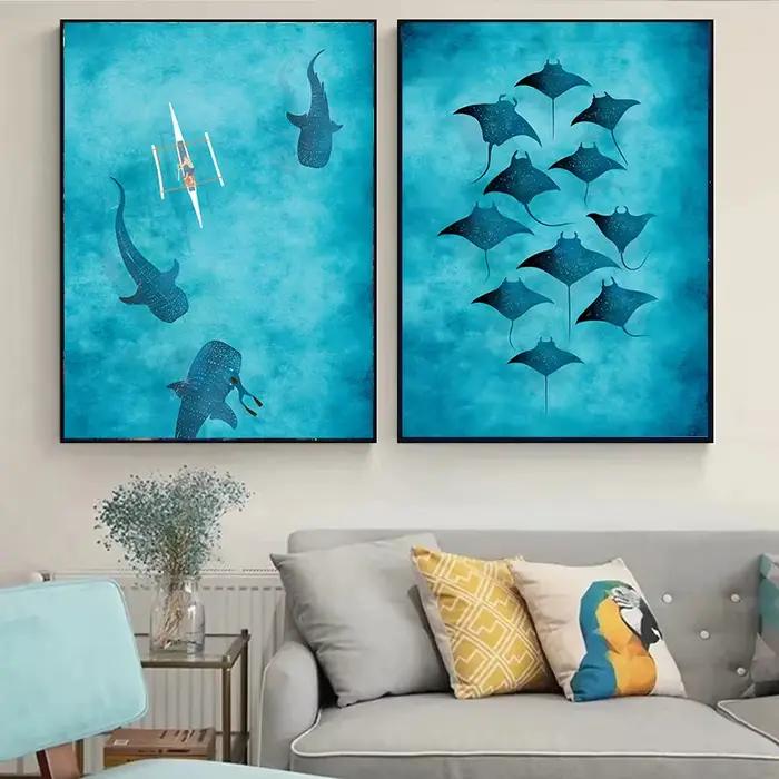 Aquarelle bleue océan organisme marin baleine requin Manta rayons affiche mer plage Surf toile peinture mur Art pour chambre décor à la maison