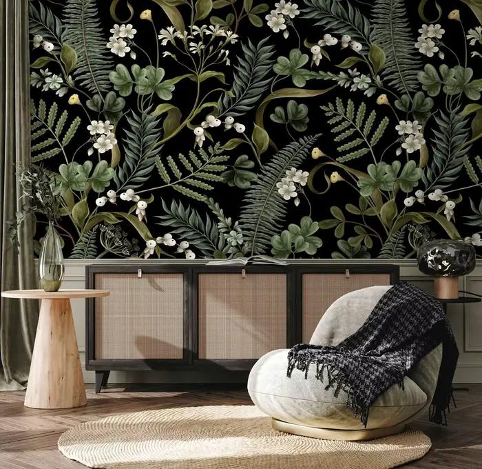 Papier peint botanique de fougère, papier peint botanique foncé pour la décoration intérieure, papier peint vintage à décoller et à coller, auto-adhésif ou traditionnel