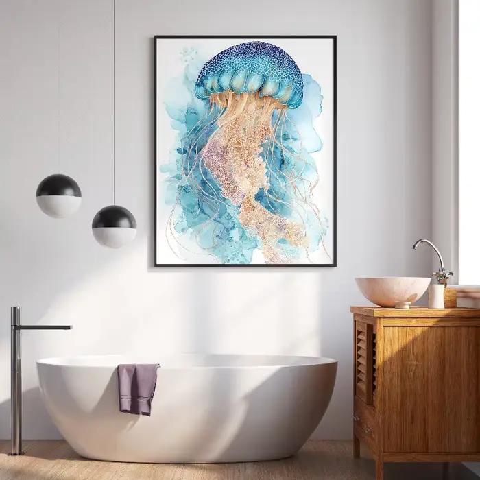 Triptyque mural Baleine Homard Méduse – Impressions aquarelle – Décoration abstraite vie marine océanique, nautique, méditerranéenne pour chambre d'enfant