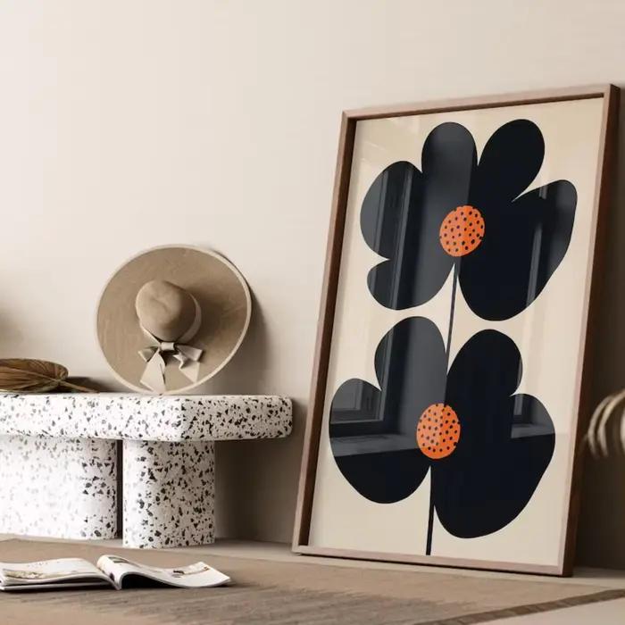 "Imprimé d'art floral minimaliste moderne du milieu du siècle : design double fleur noir audacieux avec des centres de