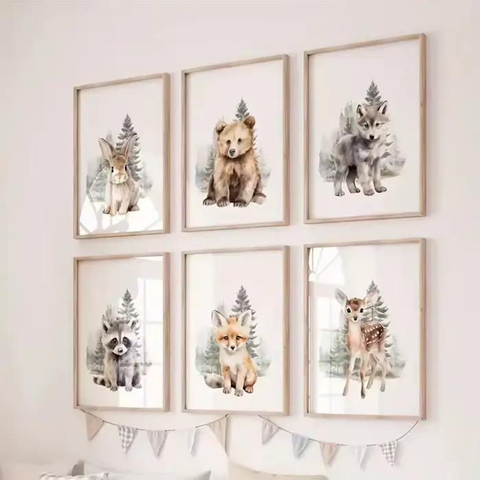 Affiche d'art animalier minimaliste nordique en aquarelle, adorable impression sur toile d'ours, de cerf, de renard, de loup et de lapin, décoration intérieure pour la chambre des enfants
