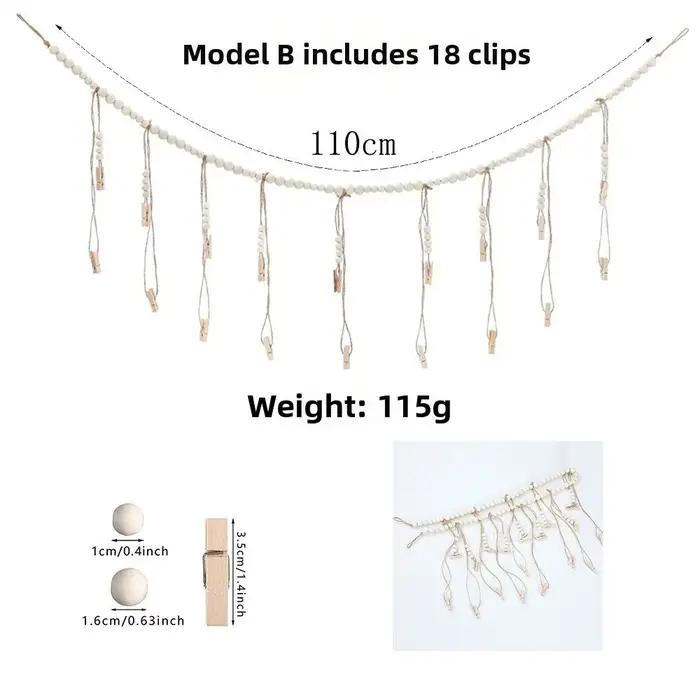 Chaîne de suspension murale pour photos avec clips à pompons en bois et cadres photo à perles en bois, décoration murale pour la maison, la chambre et le dortoir