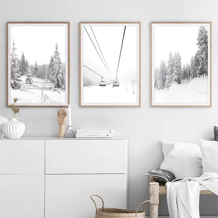 Impressions d'hiver ensemble d'impression noir et blanc de 3 décor d'art mural affiche nordique imprimé forêt de neige