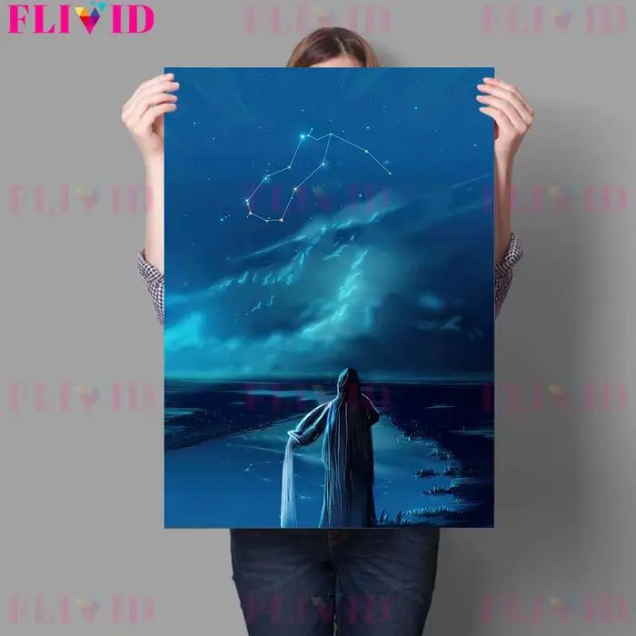 Affiche d'art d'astrologie bleue de signes du zodiaque et impression de douze Constellations