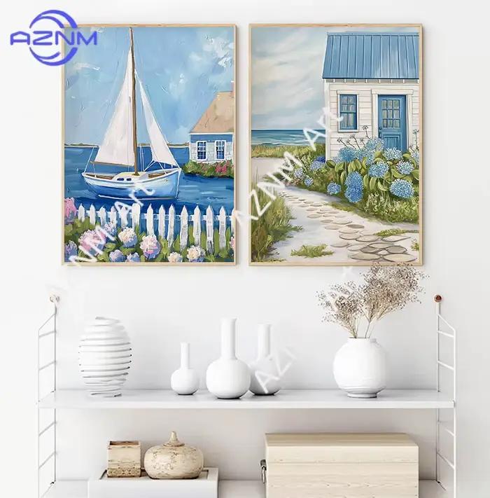 Affiches et impressions vintage bleues de bateaux à voile