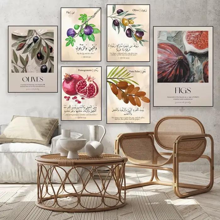 Art islamique, versets de plantes du coran, nourriture hadith, figues, olives, dattes, grenade, art mural musulman, affiche de décoration murale de cuisine