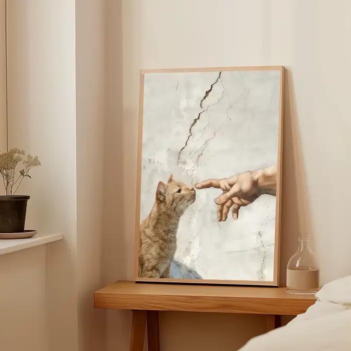 Impression murale drôle de la création d'Adam avec un chat orange