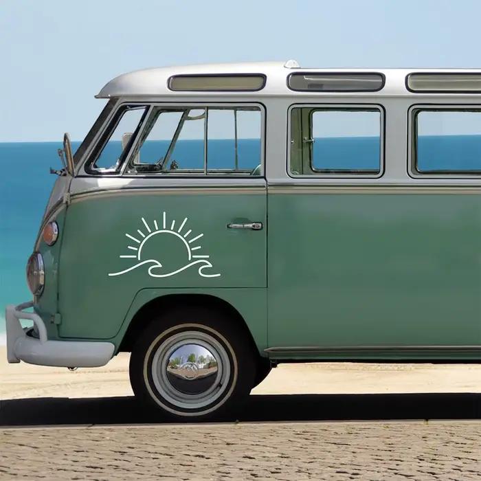 Autocollants de style de voiture de conception de soleil et de vague, décalcomanies de voyage en vinyle, décoration de pare-chocs de fenêtres, camping-cars, moto, maison