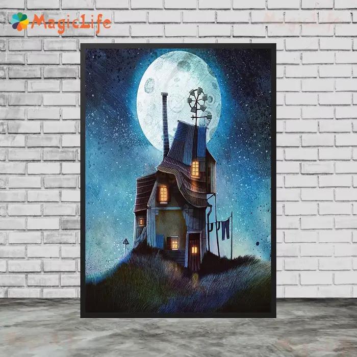 Affiches de lune de maison de paysage de nuit étoilée de dessin animé