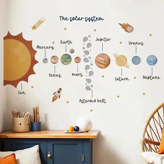 Autocollant mural éducatif de l'espace du système solaire, autocollant en vinyle pour chambre d'enfant, chambre de garçon, compte à rebours, salle de jeux, décoration de salon et de maison