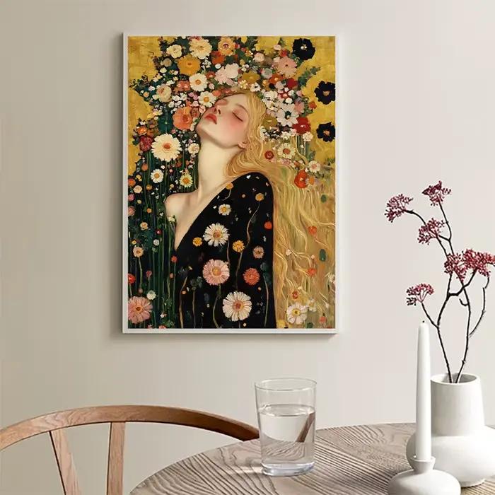 Affiche de femme de beauté avec couronne de pivoine