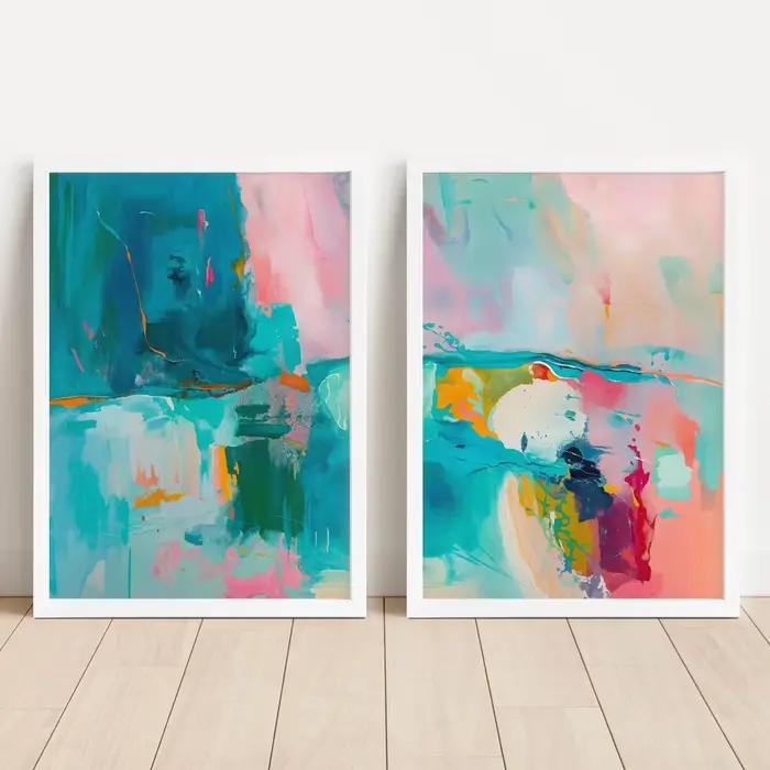 Ensemble de 2 impressions d'art abstrait rose et turquoise vives et colorées