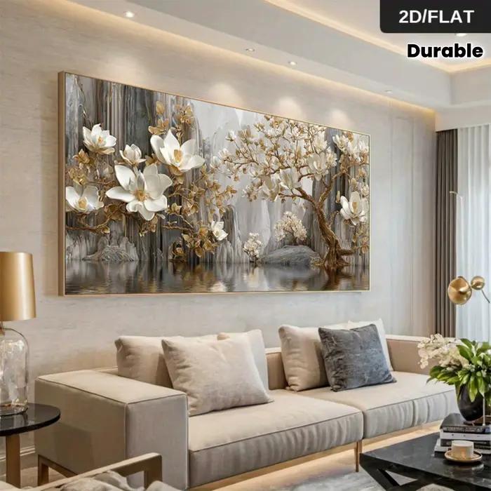 Peinture sur toile florale dorée abstraite moderne sans cadre, paysage Floral blanc et doré, décoration de salon Simple, Plat 2D
