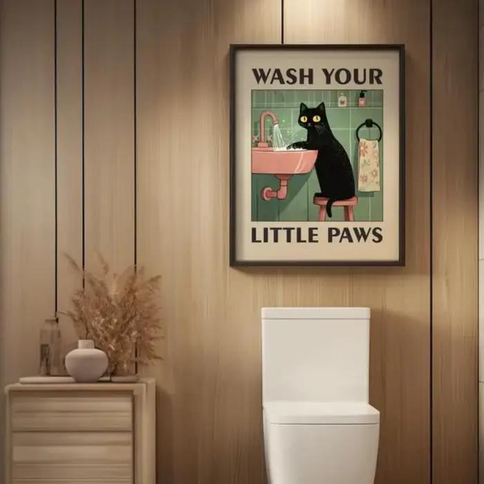 Affiche imprimée sur toile avec Illustration de chat «lavage vos pattes»